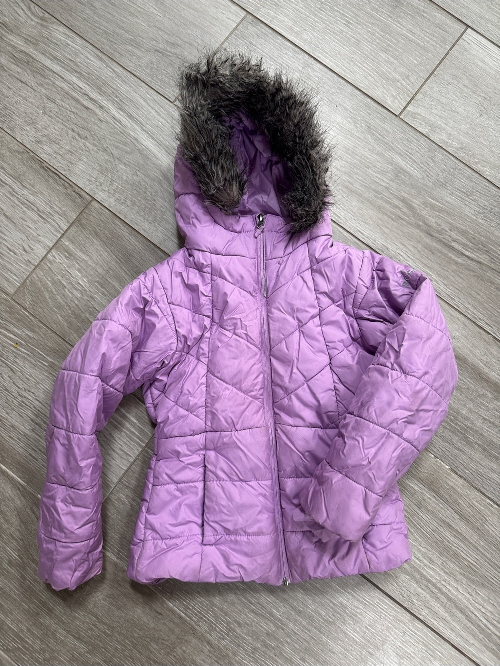 Girls' Lavender Quilted Hooded Winter Jacket with Faux Fur Trim